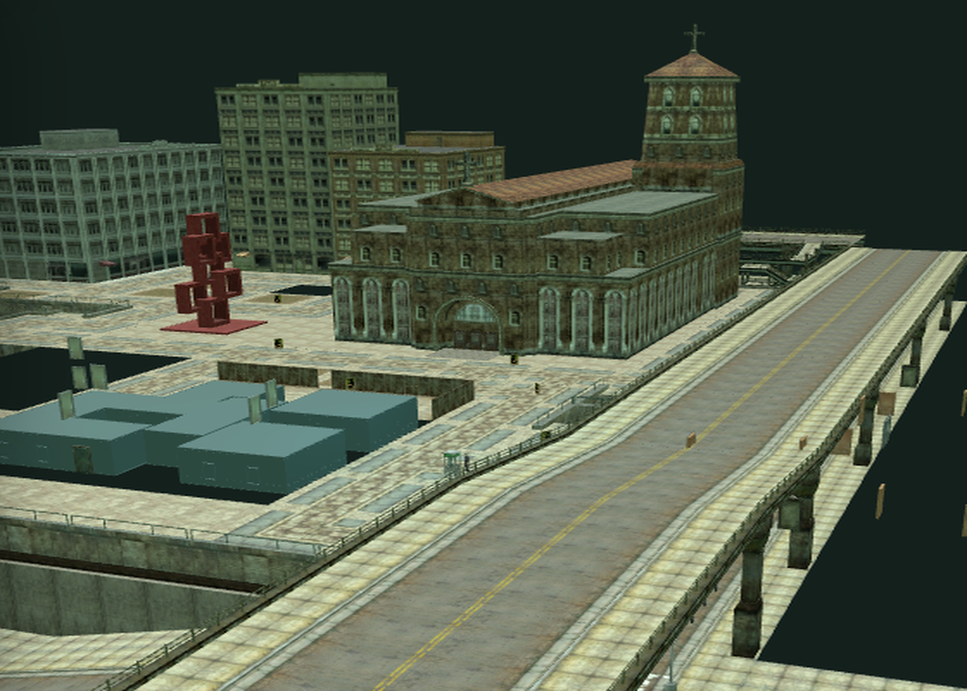 Mara Central reconstruction with church, red monument, and road geometry