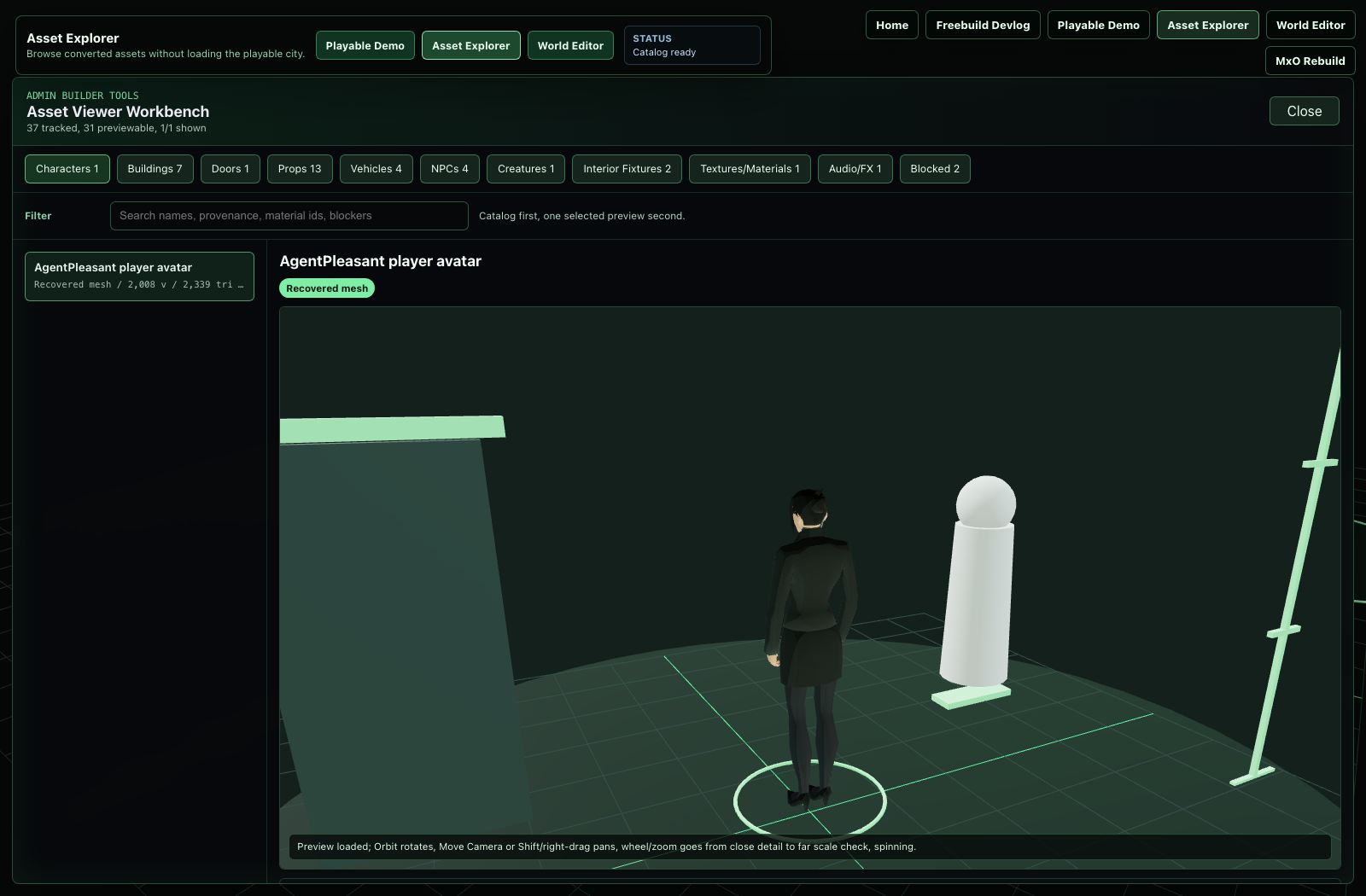 Asset Explorer Camera Fix 20260512 screenshot from the Freebuild preview